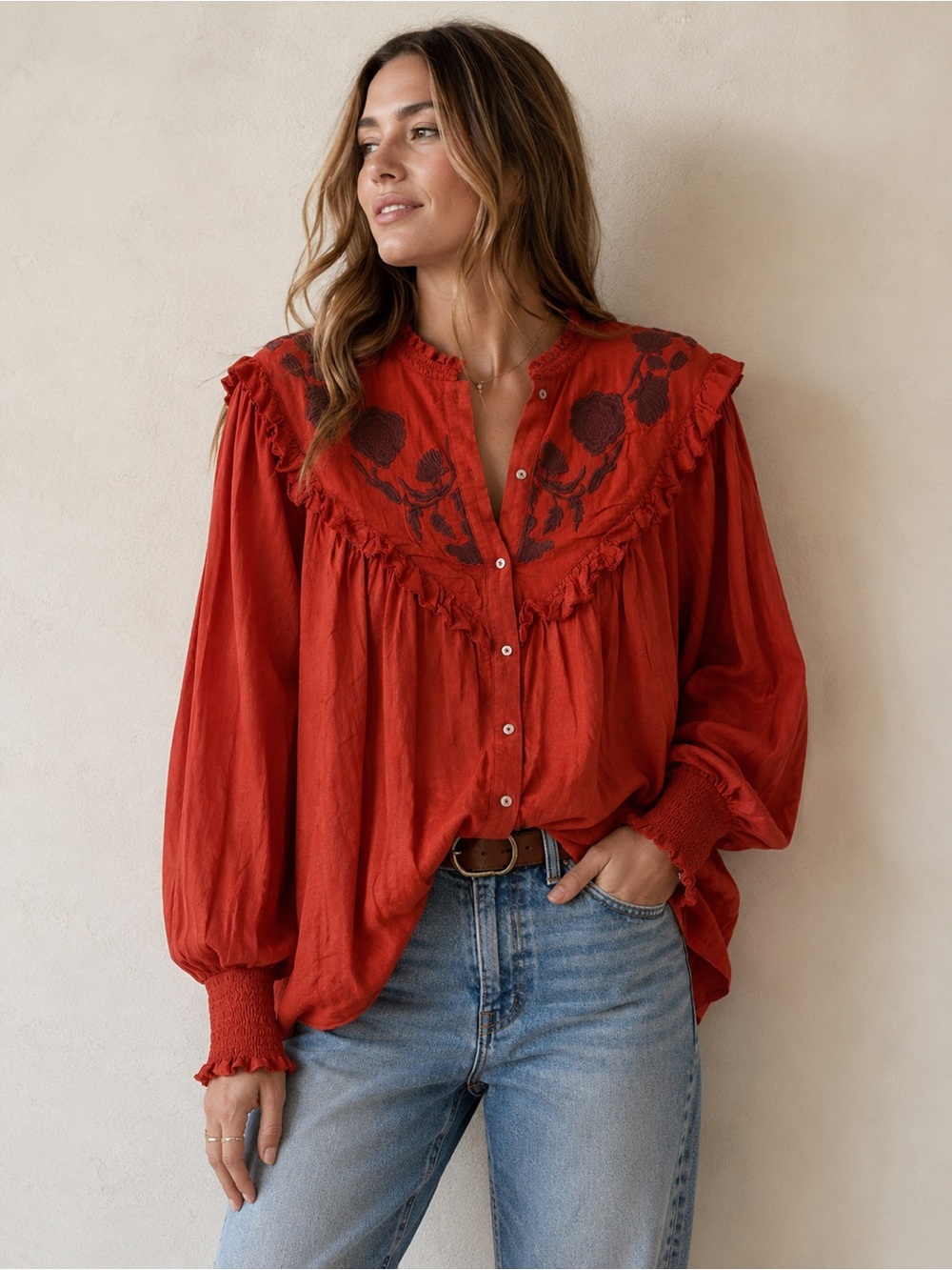 Free People L Rust Red Embroidered Ruffle Cotton Boho Peasant Blouse